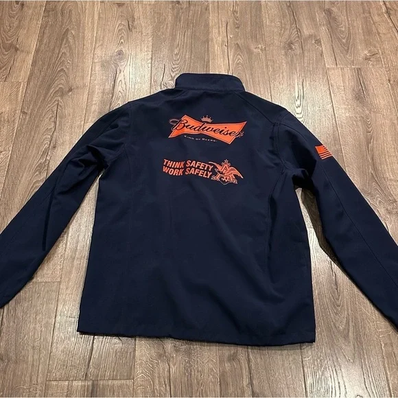 Budweiser Work Jacket Mens Size L Blue Logo American Flag Zip Fleece Lined Beer - Picture 8 of 9